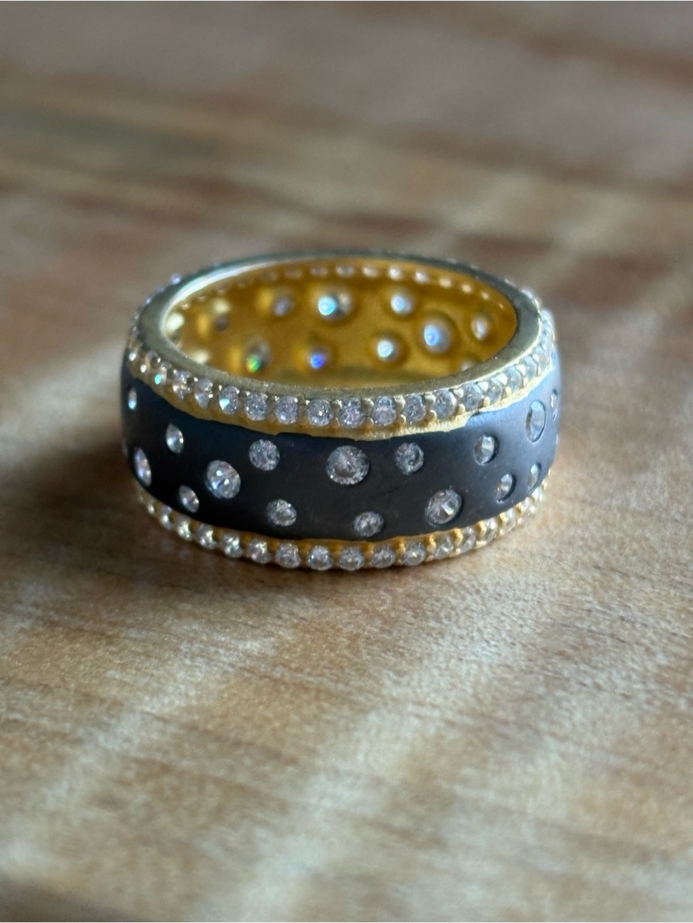 Freida Rothman Gold and Black over 925 Sterling Sulver Pave CZ Ring size 6